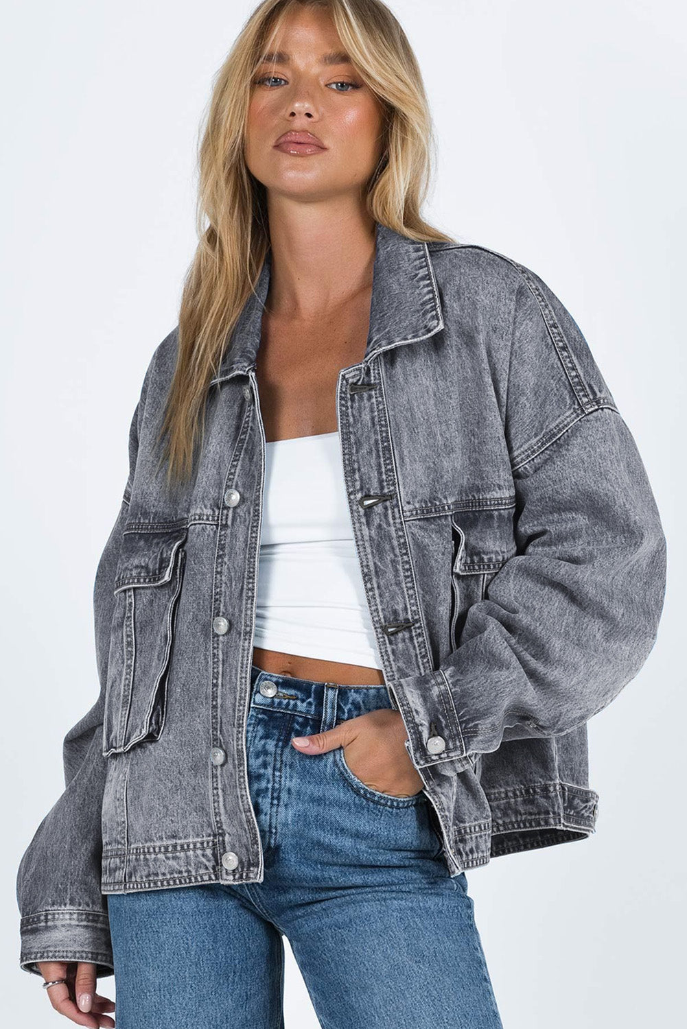 Chest Pockets Drop Shoulder Loose Denim Jacket | Gray