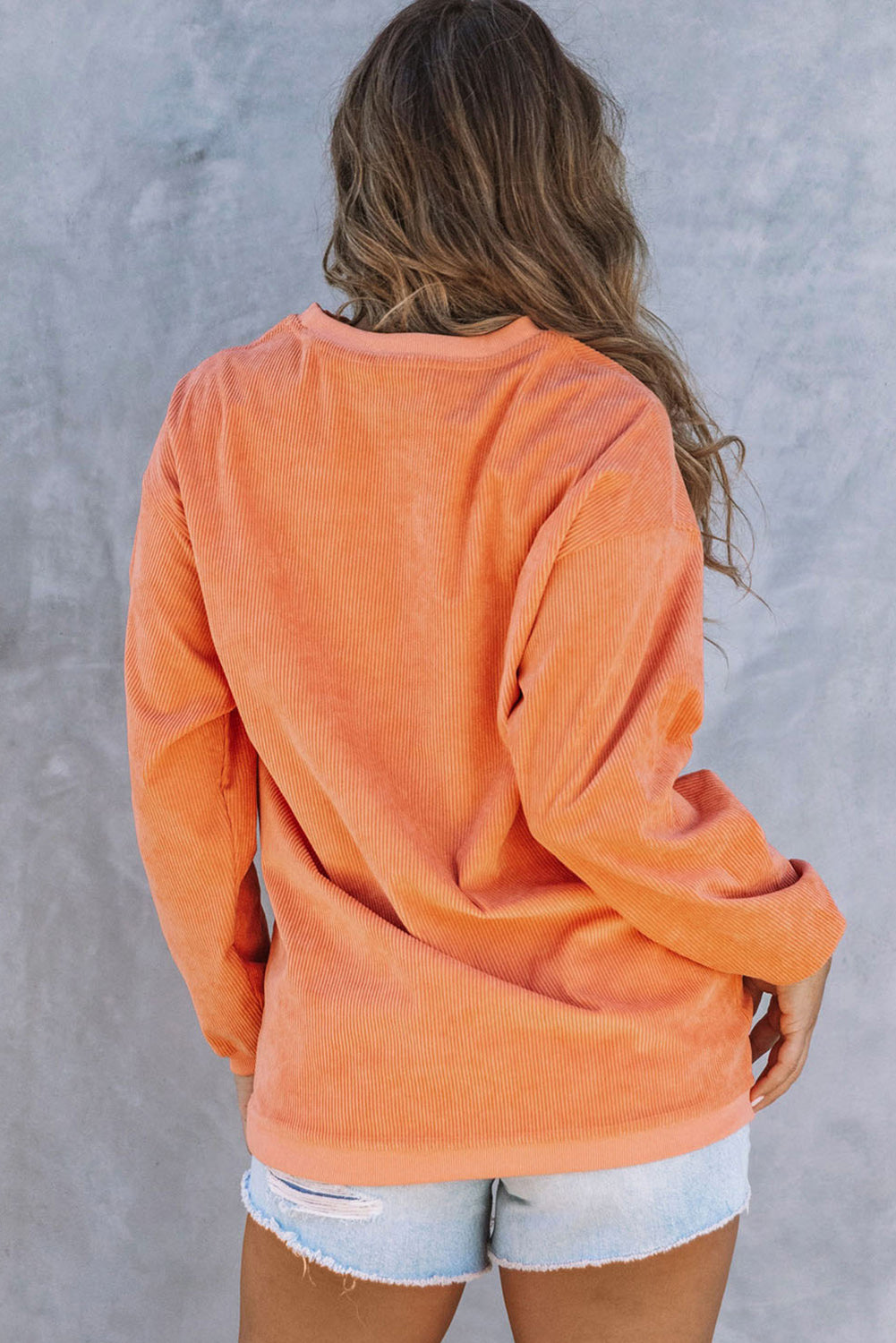 Spooky Season Ghost Print Ribbed Pullover Sweatshirt | Orange