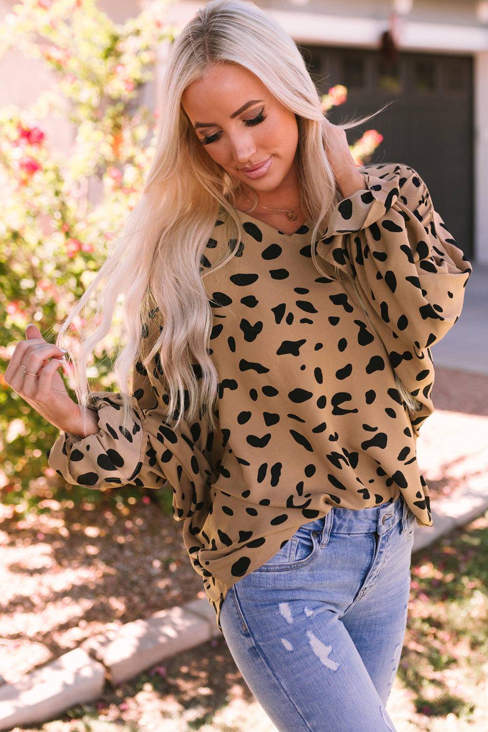 V Neck Ruffled Cuffs Loose Blouse | Leopard