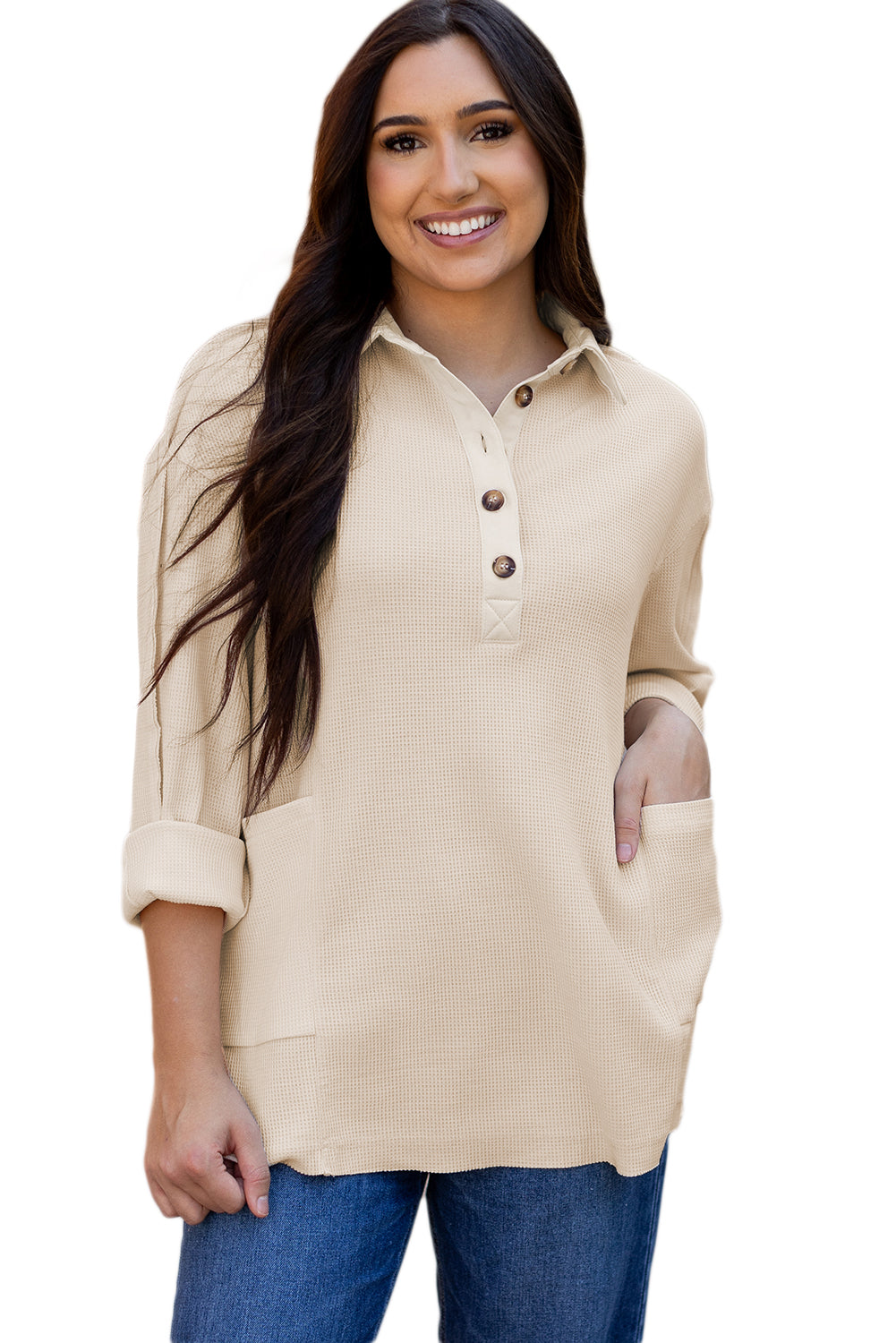 Waffle Long Sleeve Collar Half Button Loose Top | Jet Stream