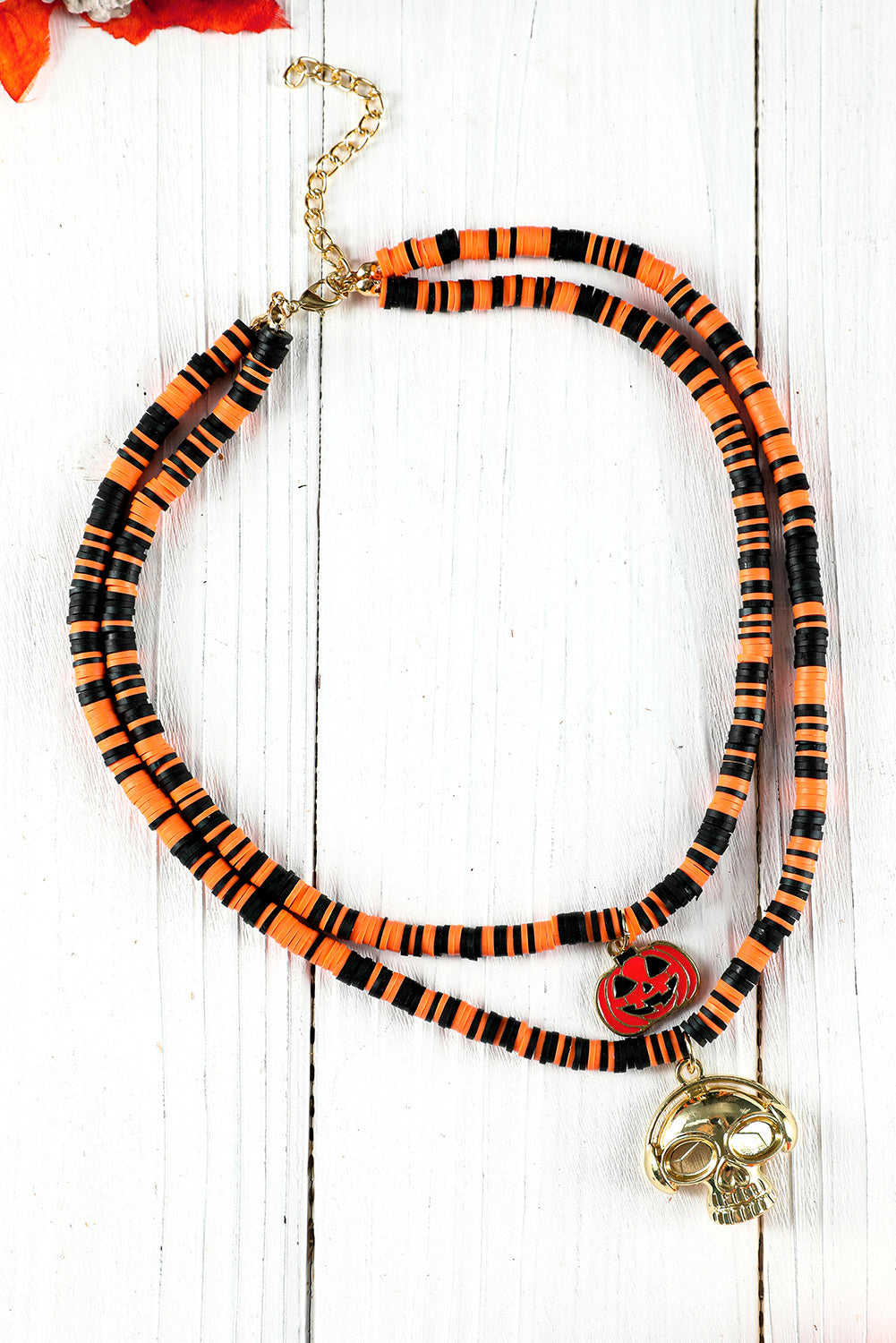 Skull Pumpkin Face Pendant Layered Beaded Halloween Necklace | Russet Orange