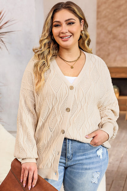 Plus Size Knitted Hollow Out Button Up Cardigan | Apricot