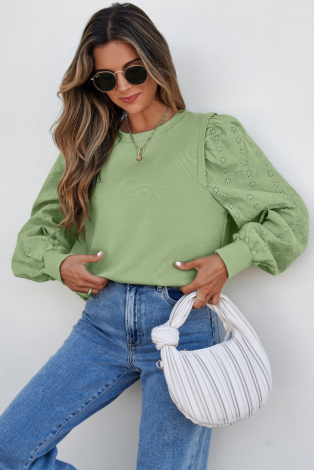 Solid Patchwork Sleeve Round Neck Sweatshirt | Mist Green