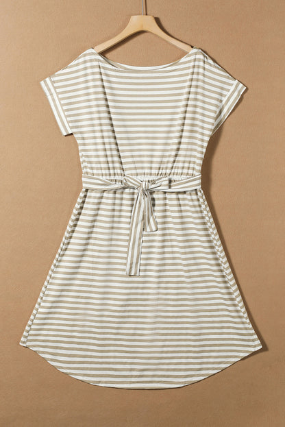 Stripe Short Sleeve Belted Wrapped Hemline T-Shirt Dress | Khaki