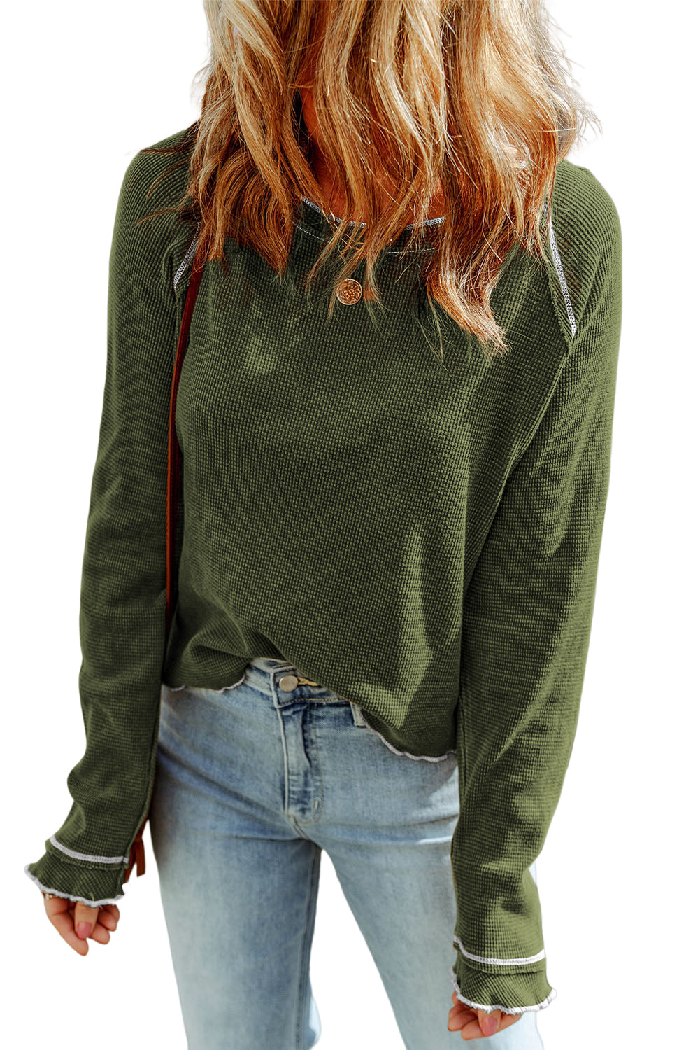 Green Textured Round Neck Long Sleeve Top | Pickle Green