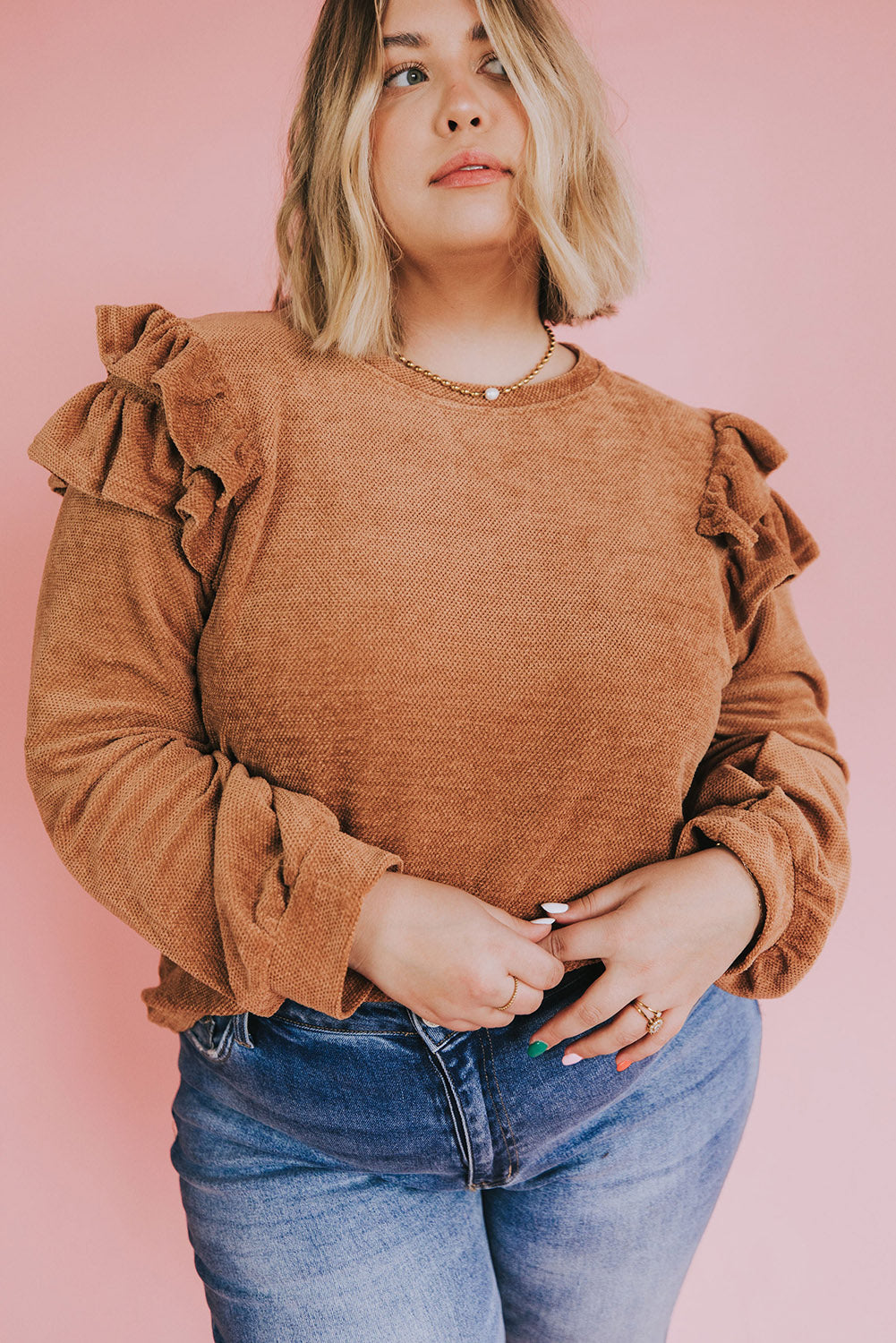 Plus Size Solid Ruffled Tiered Long Sleeve Top | Brown