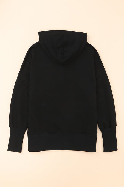 Batwing Sleeve Pocketed Henley Hoodie | Black