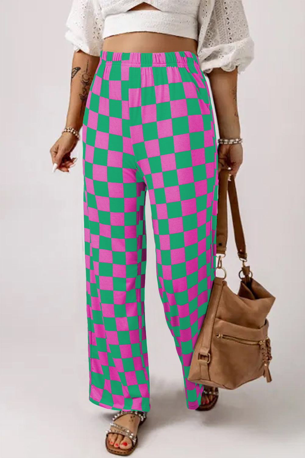 Green 2-Tone Checked Print High Waist Wide Leg Pants