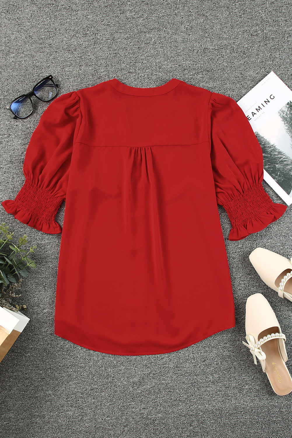 Fiery  Solid Colour Half Sleeve V Neck Blouse | Red