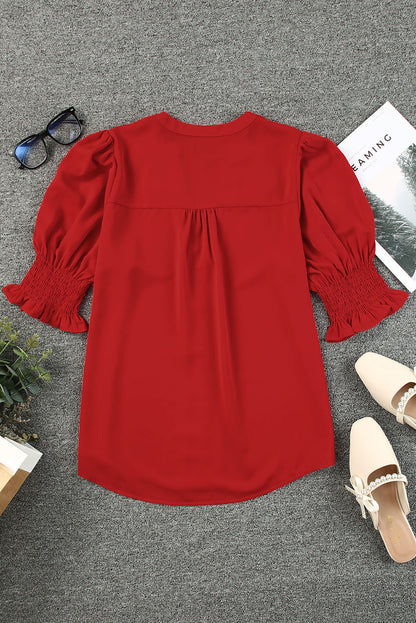 Fiery  Solid Colour Half Sleeve V Neck Blouse | Red