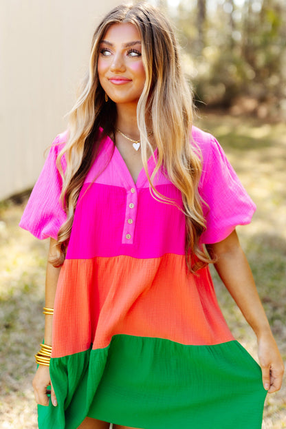 Colour Block Tiered Puff Sleeve Dress | Multicolour