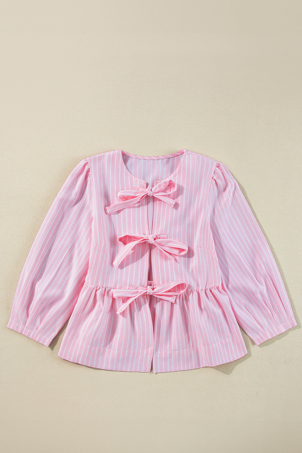 Bowknot Front Crew Neck Puff Sleeve Blouse | Pink Stripe