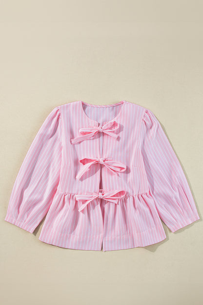 Bowknot Front Crew Neck Puff Sleeve Blouse | Pink Stripe