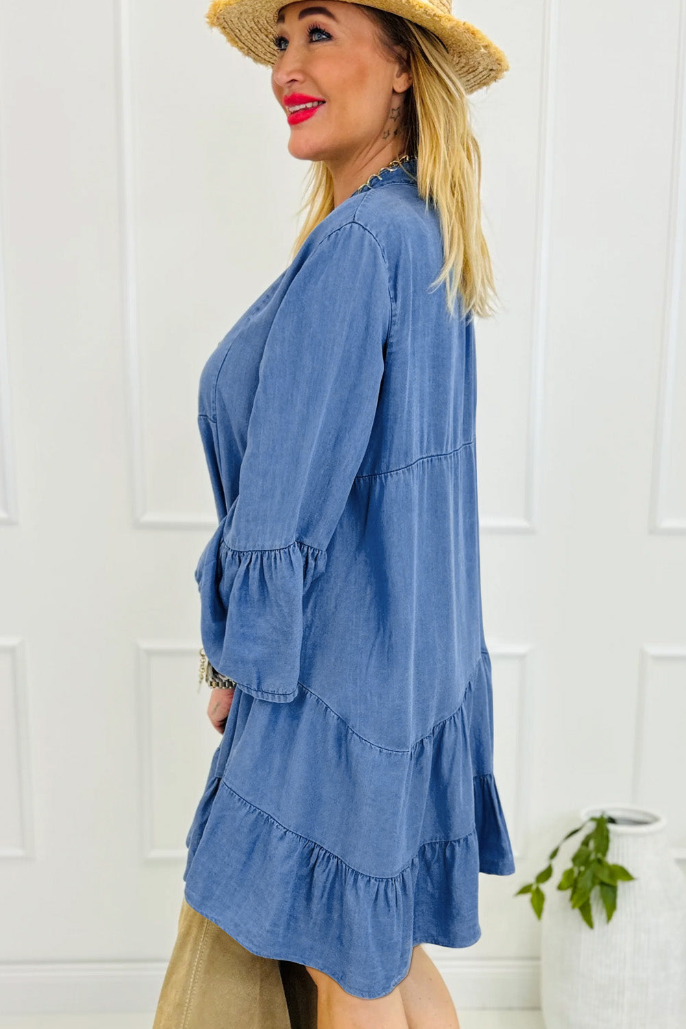 Chambray Ruffled 3/4 Sleeve Tiered Split V Neck Mini Dress | Sky Blue