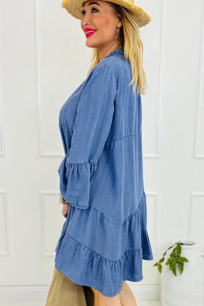 Chambray Ruffled 3/4 Sleeve Tiered Split V Neck Mini Dress | Sky Blue