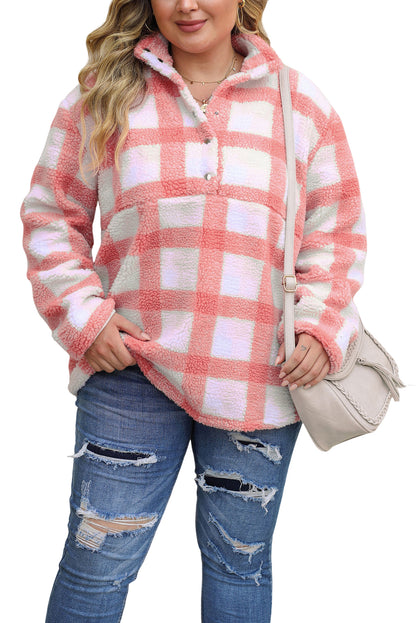 Plus Size Tunic Plaid Sherpa Henley Sweatshirt | Pink