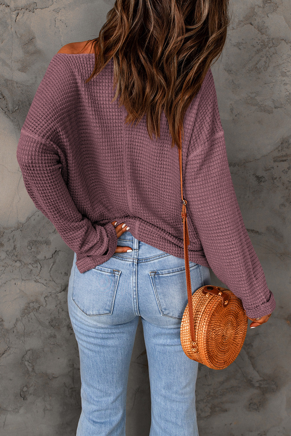 Purple Waffle Knit Loose Long Sleeve Top | purple