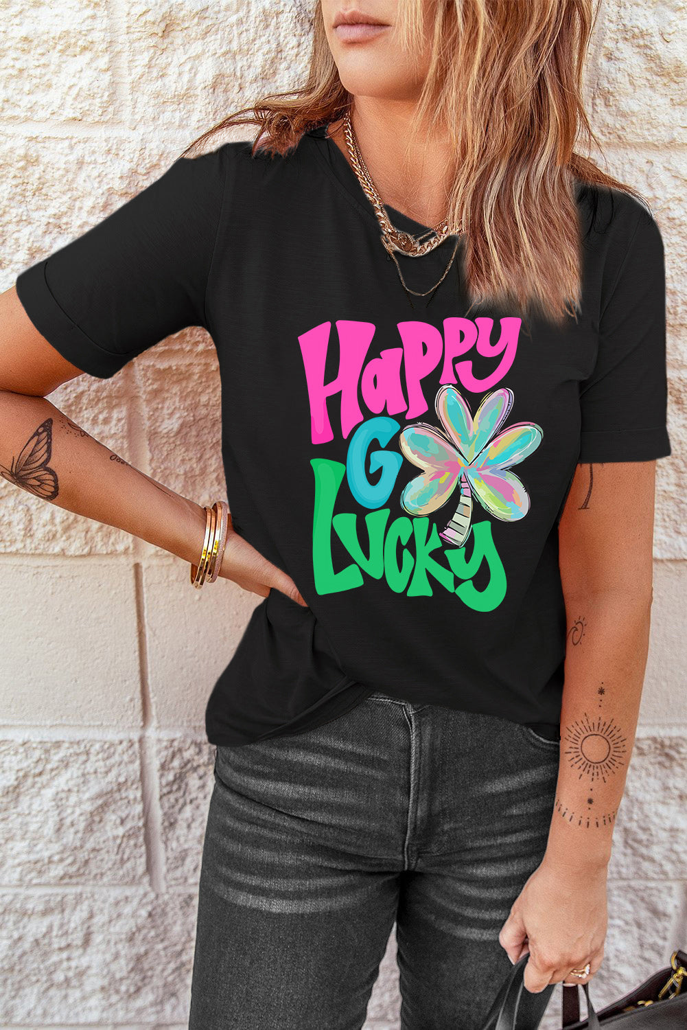 Happy Go Lucky Clover Print Crew Neck T Shirt | Black