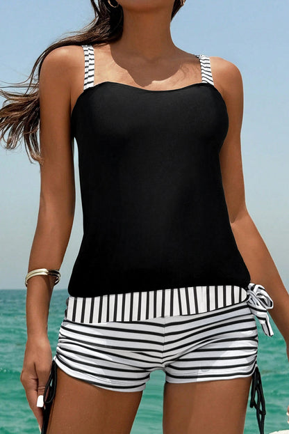 Striped Patchwork Side Drawstring Bottoms Tankini Set | Black