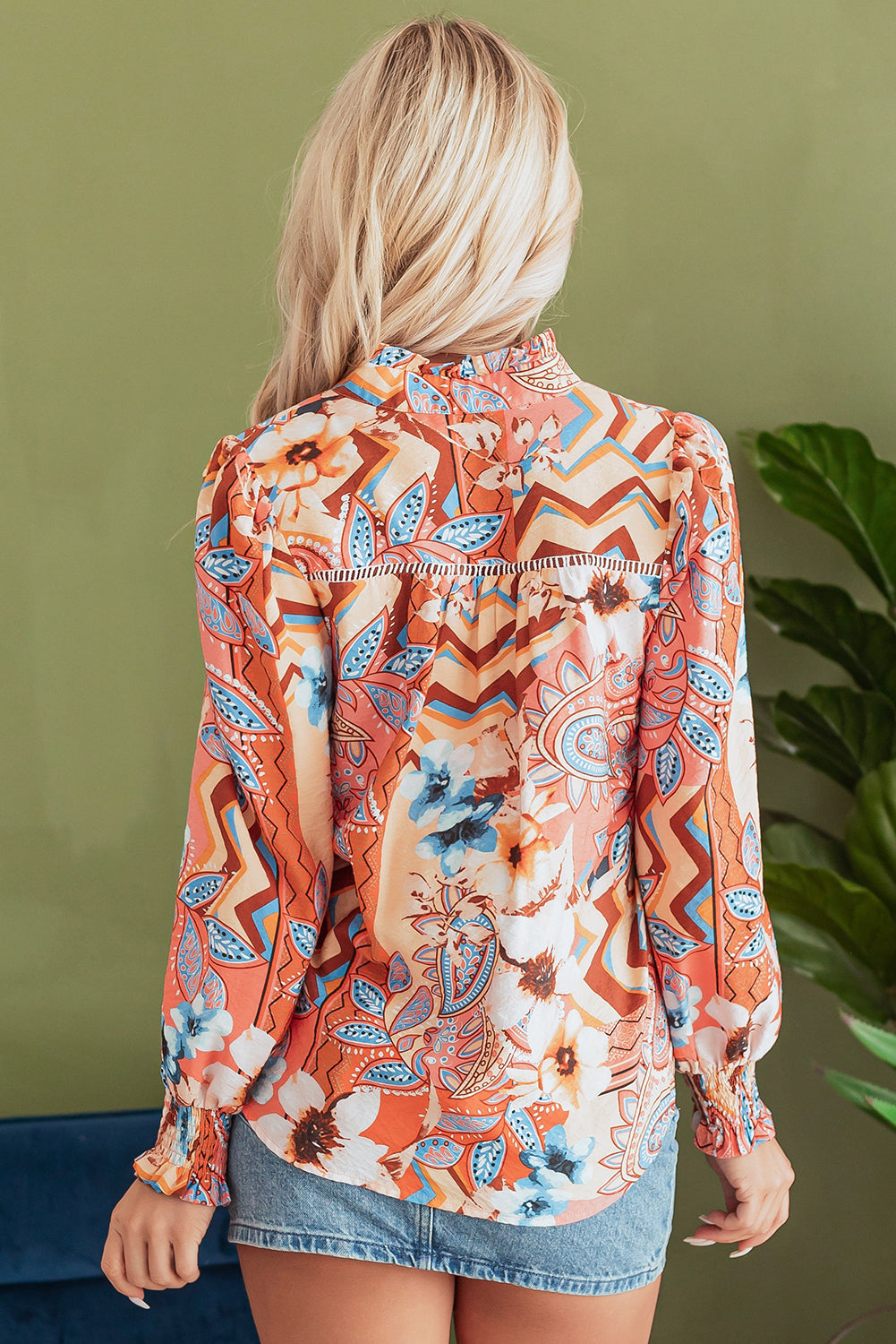 Floral Print Shirred Cuff Buttoned Loose Shirt | Orange