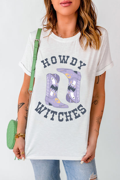 Howdy Witches Halloween Boots Crewneck T Shirt | White