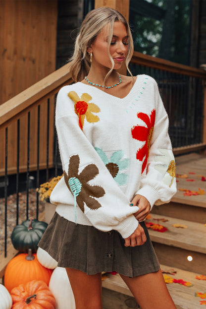 Big Flower Pattern V Neck Drop Shoulder Sweater | White