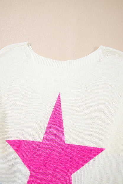 Star Pattern Colourblock Striped Edge Drop Shoulder Sweater | White