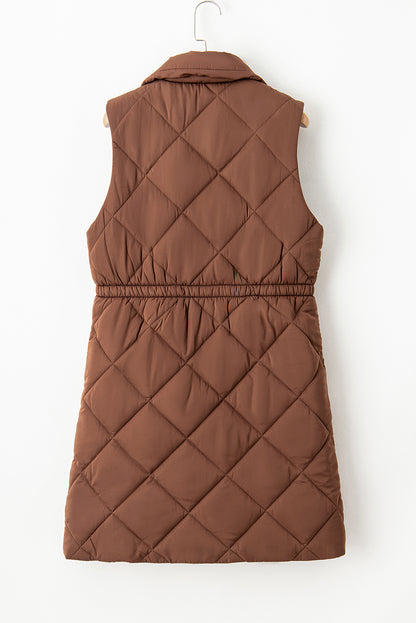 Longline Quilted Stand Collar Puffer Vest | Coffee