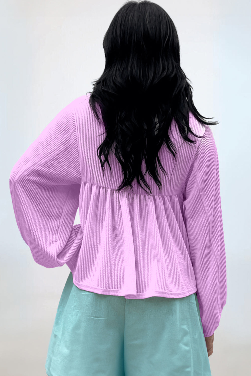 Corded Turn-Down V Neck Bubble Sleeve Babydoll Blouse | Phalaenopsis