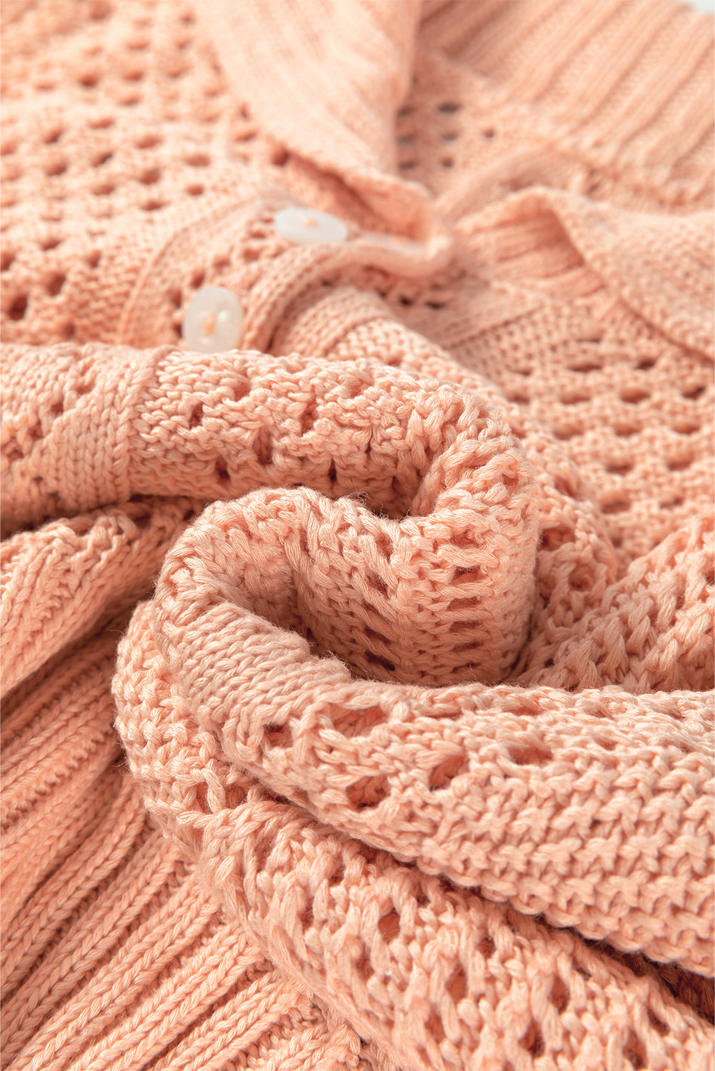 Hollowed Knit 3/4 Dolman Sleeve Buttoned Collared Sweater | Apricot Pink