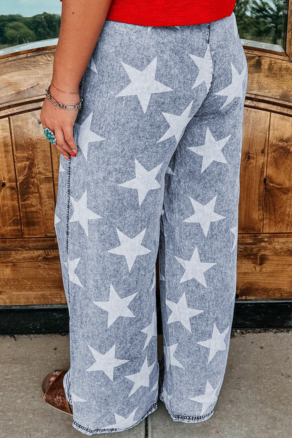 Star Print Light Wash Drawstring High Waist Wide Leg Jeans | Light Blue