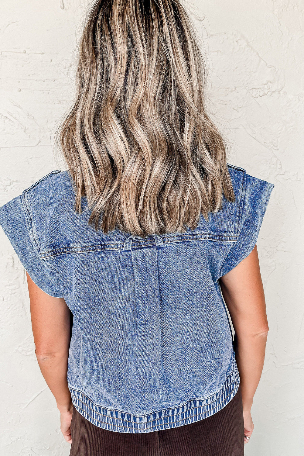 Acid Wash Elastic Hem Button Up Denim Vest | Ashleigh Blue