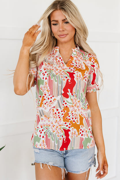 Floral Print Button Frilled Short Sleeve Blouse | Pink