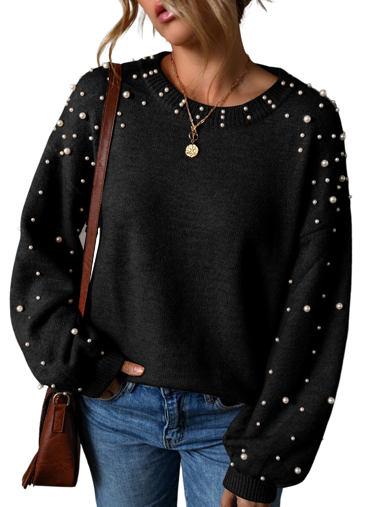 Pearled Drop Shoulder Round Neck Sweater | Black