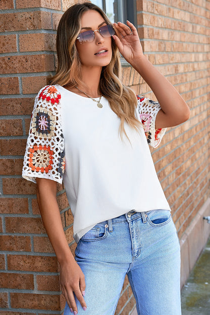 Floral Crochet Short Sleeve Top | White