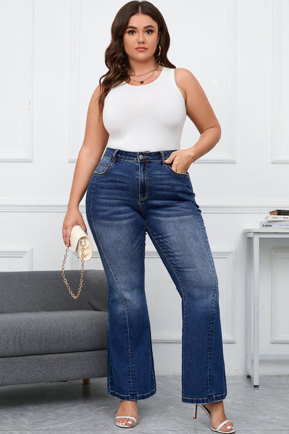 Plus Size Stitching Washed Flare Jeans | Dark Blue