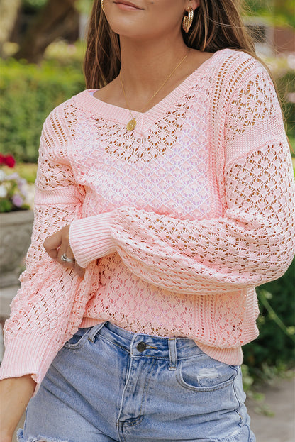 Loose Pointelle Knit Ribbed V Neck Sweater | Pink