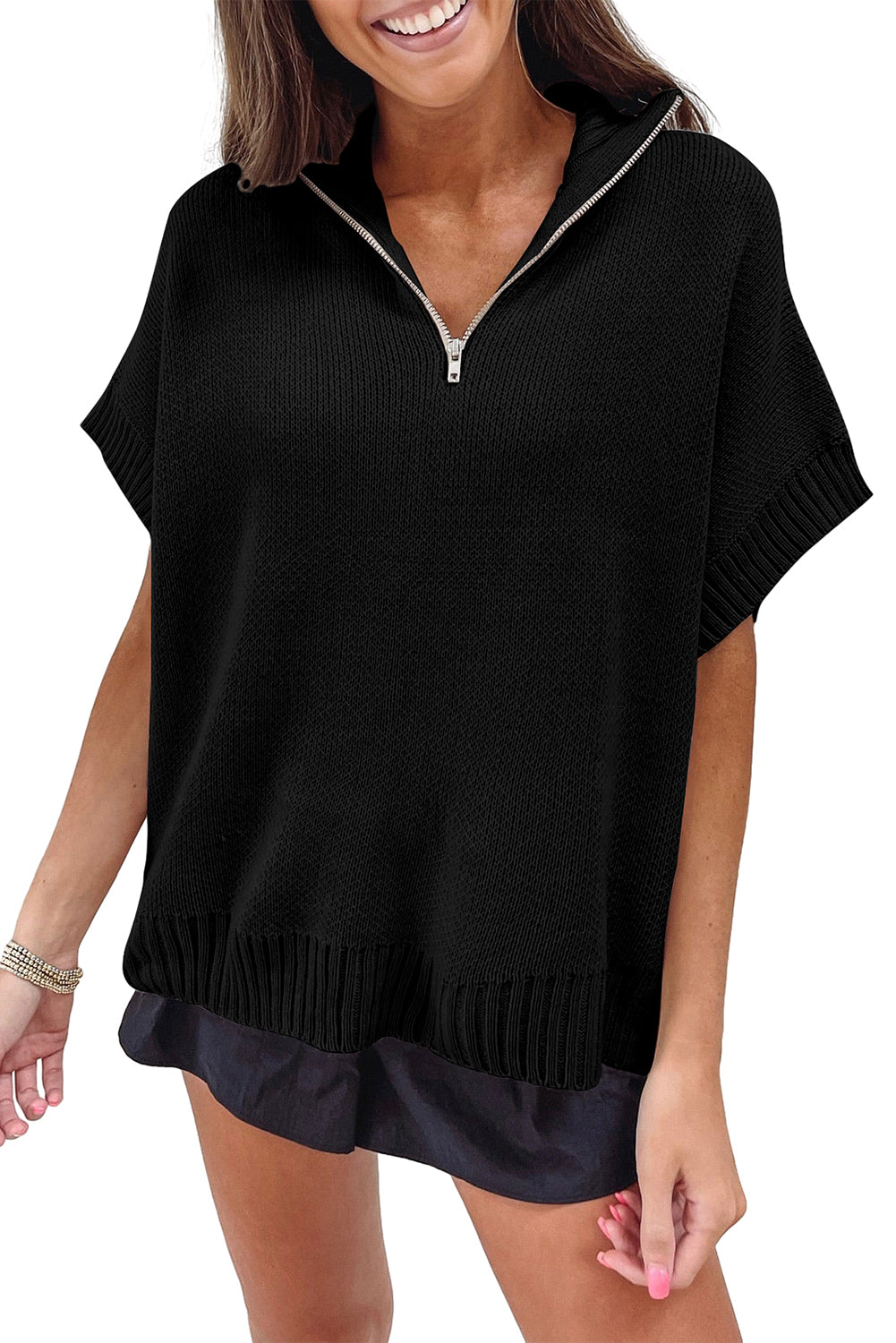 Quarter Zip Short Batwing Sleeve Sweater | Black