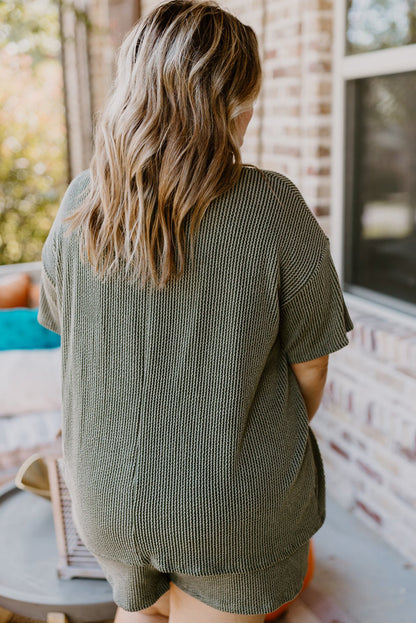 Plus Size Rib Knit Short Sleeve Top And Shorts Set | Moss Green