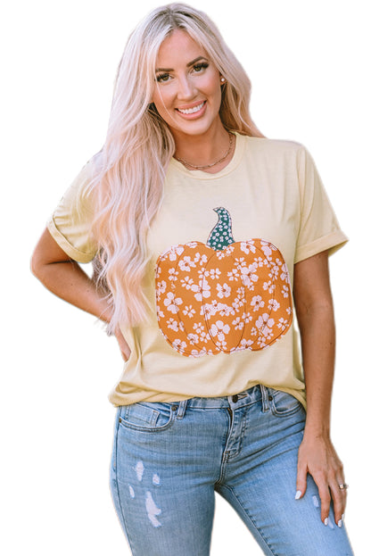 Sweet Floral Pumpkin Graphic Tee | Khaki