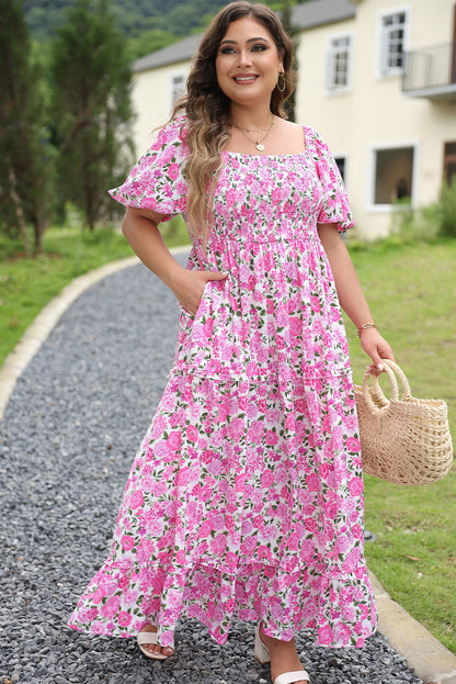 Plus Size Floral Print Smocked Puff Sleeve Dress | Pink