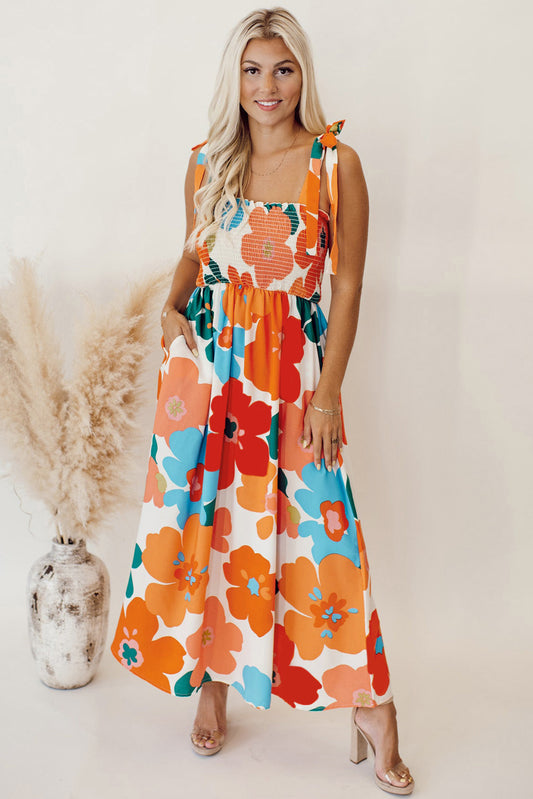 Floral Self Tied Straps Smocked Bust Maxi Dress | Orange