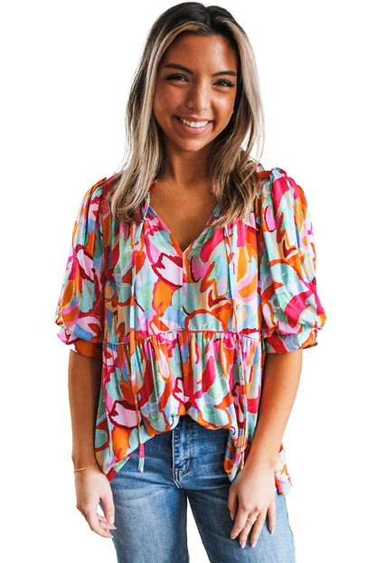 Abstract Print Drawstring V Neck Half Sleeve Blouse | Rose Red