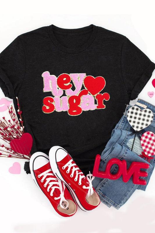 Black Chenille Heart hey sugar Patched Crewneck Valentines Tee