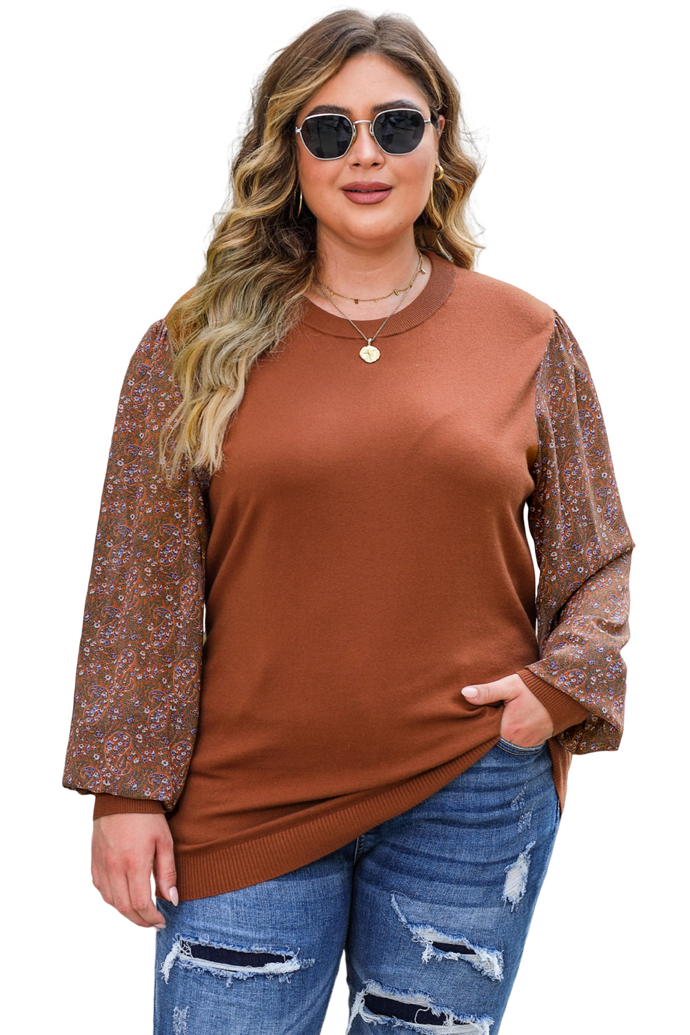 Plus Size Printed Splicing Sleeve Ribbed Trim Sweater | Brown