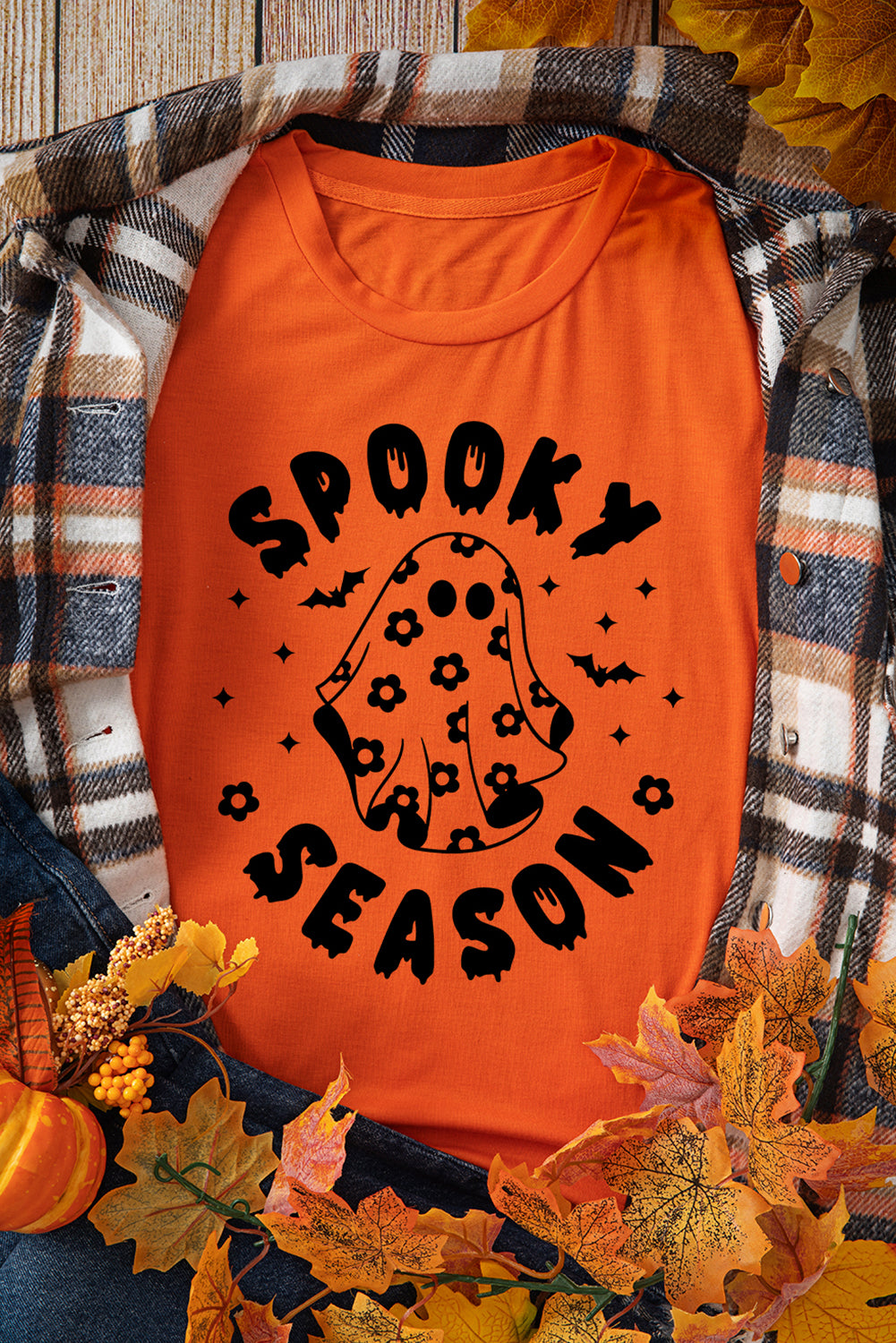 Spooky Season Ghost Print Crew Neck Halloween Tee | Orange