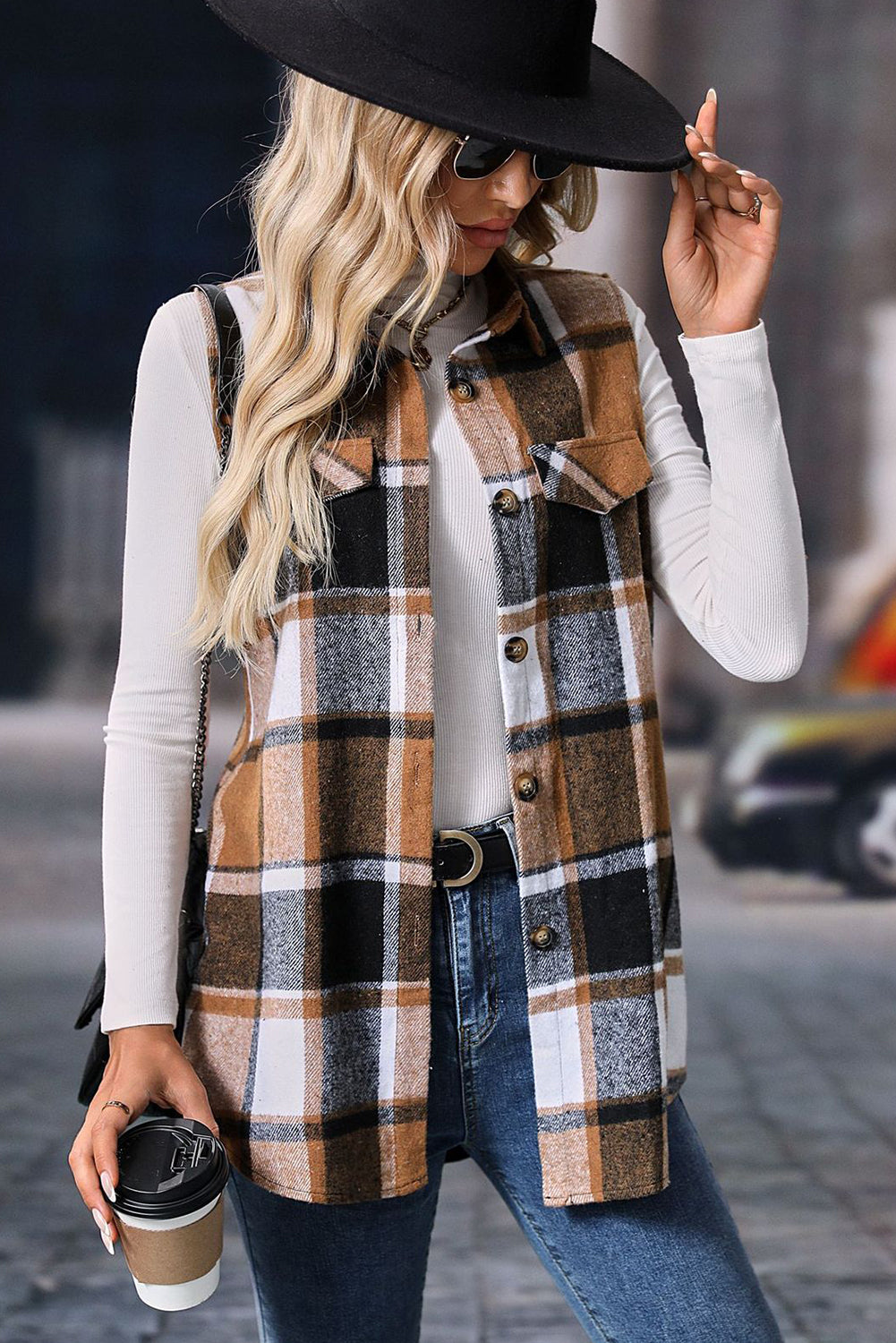 Retro Plaid Button Up Collared Vest | Straw Yellow