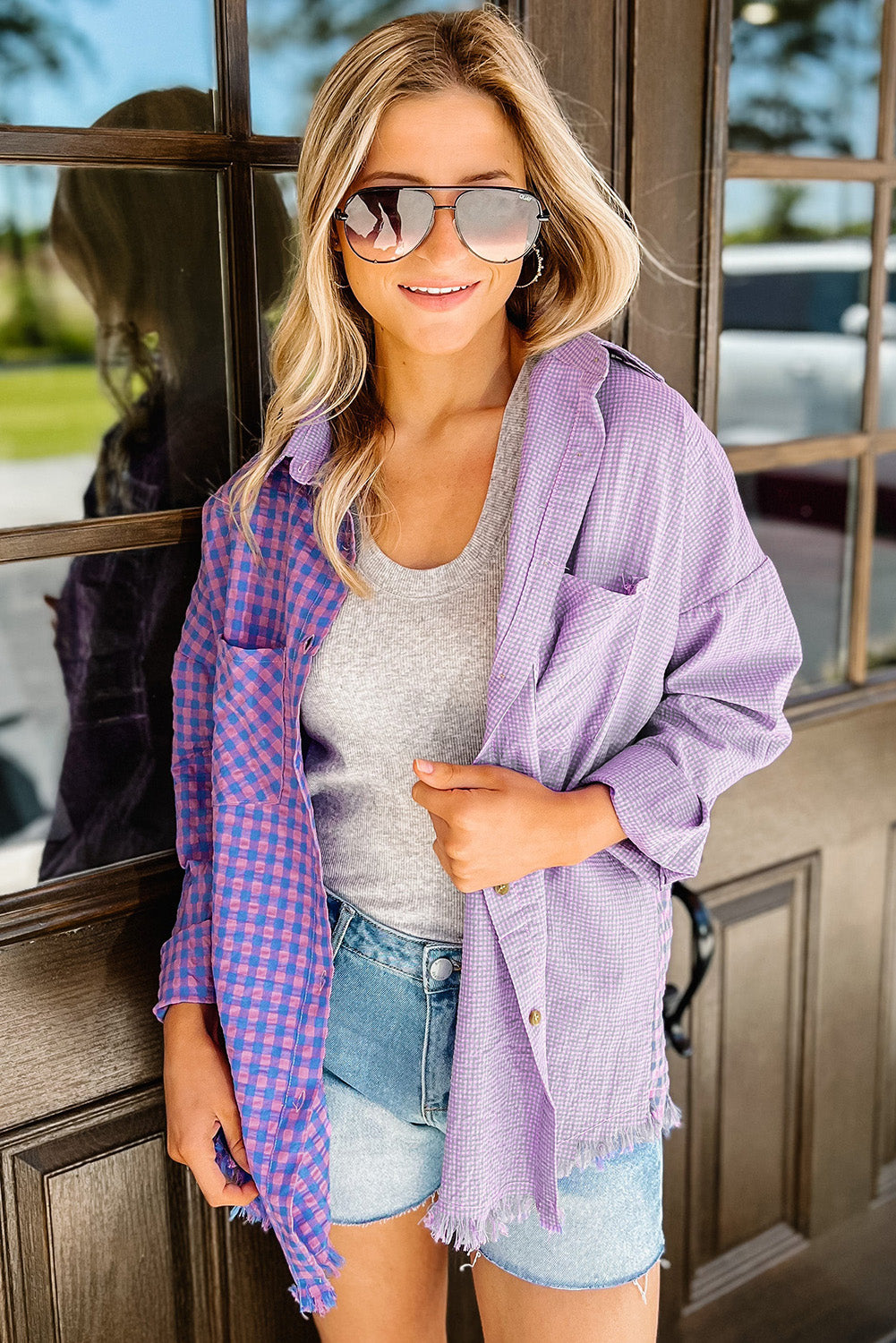 Mixed Plaid Button Down Long Sleeve Chest Pocket Shirt | Purple