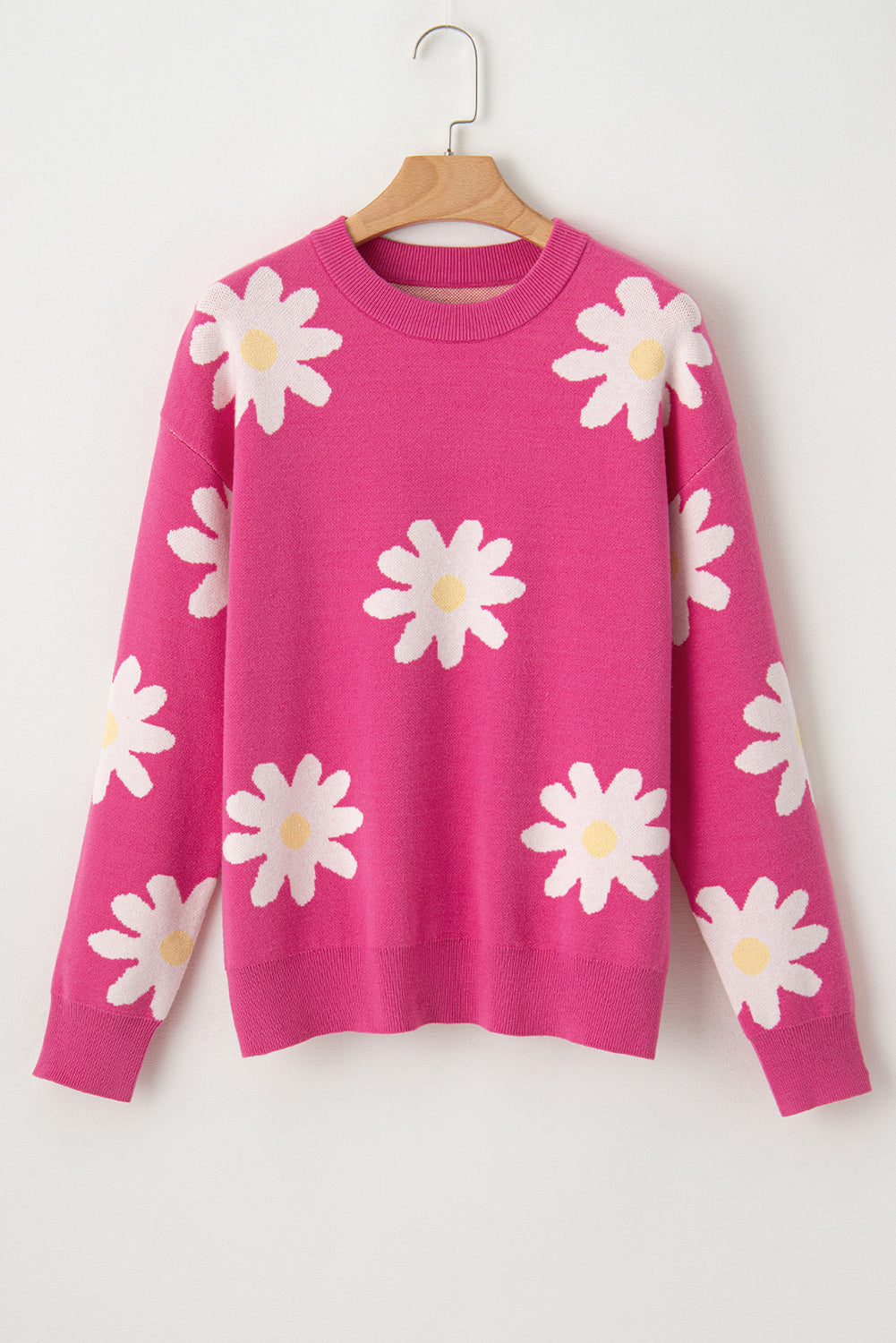 Daisy Flower Crew Neck Long Sleeve Sweater | Bright Pink