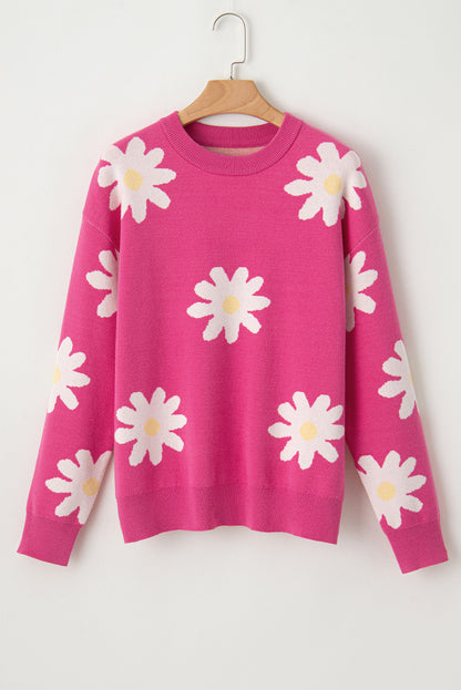 Daisy Flower Crew Neck Long Sleeve Sweater | Bright Pink